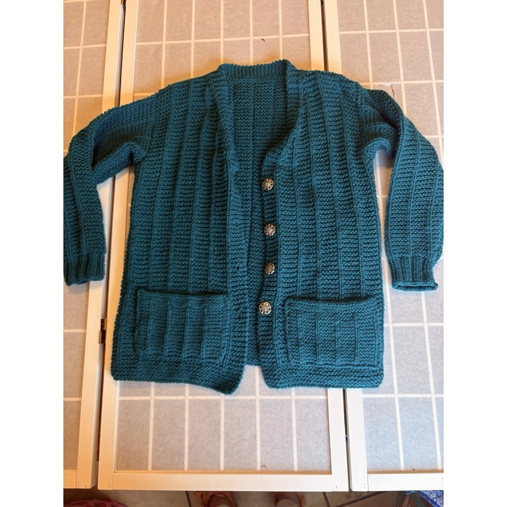Vintage Handmade Grandma Cardigan Fisherman Crotched Knit Teal Nordic‎ SzM